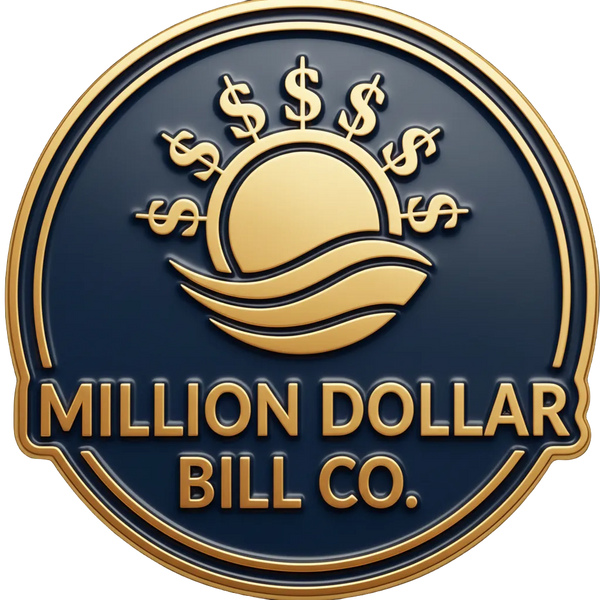 Logo of Million Dollar Bill Co. with gold text and symbols on a dark background